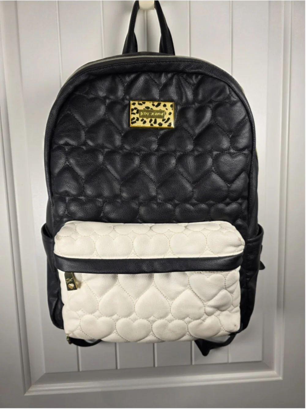 Betsey Johnson Backpack Black White Quilted Hearts Floral Lining Large 14.5